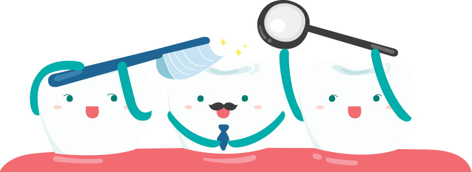 Cartoon of teeth with toothbrush and a magnifying glass