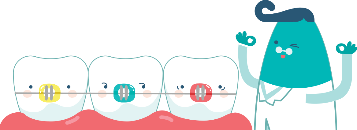 Cartoon of dentist and teeth with aligners